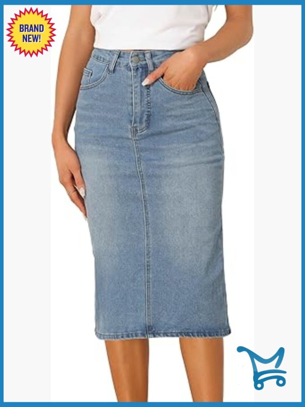 High Waist Back Split Midi Denim Skirt with Pockets